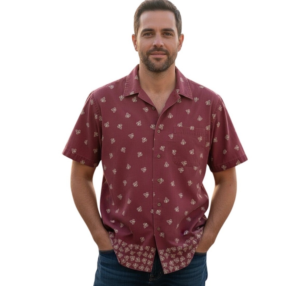 Denim Ridge Button Down Shirt Mens M Red Leaf‎ Print Short Sleeve Cotton Pocket